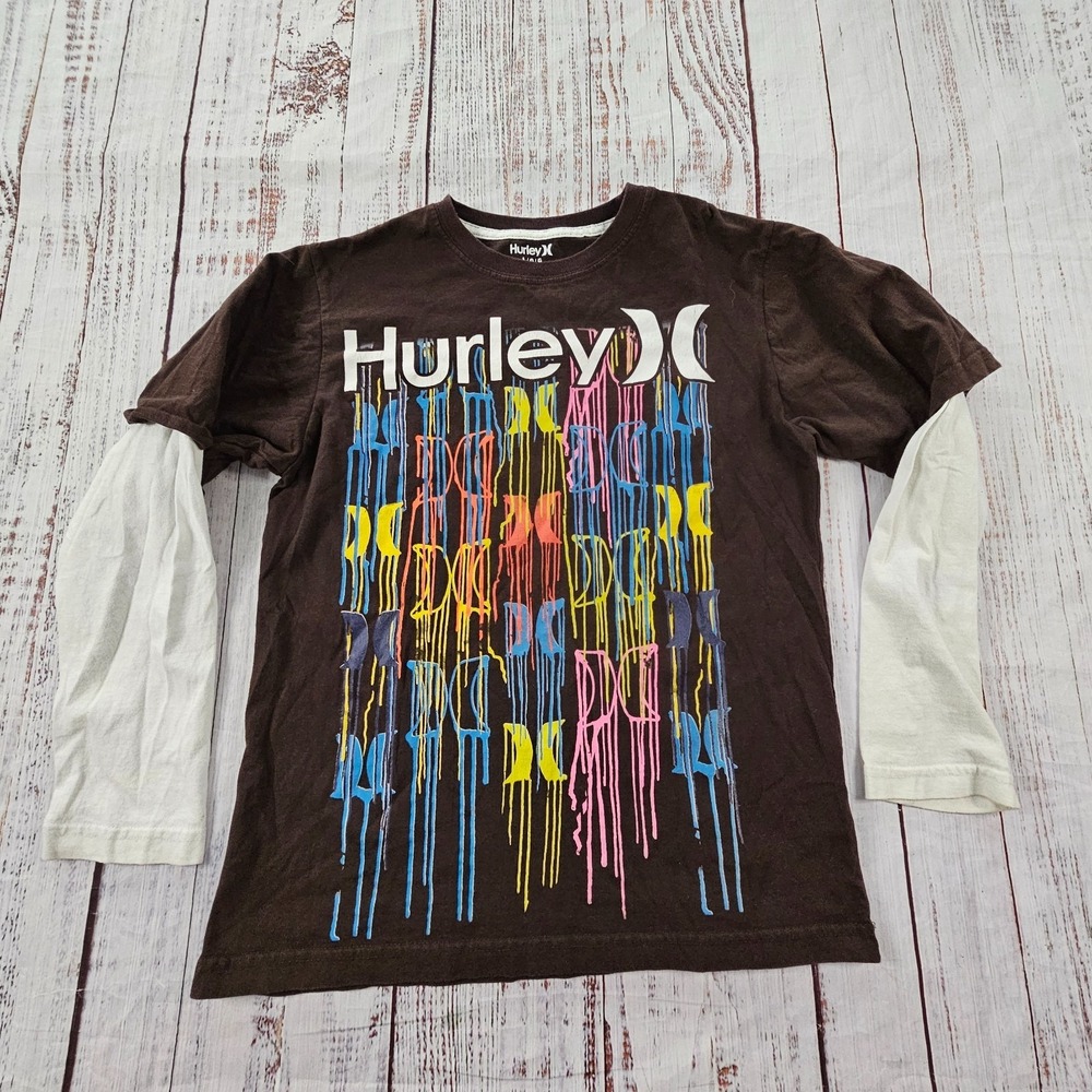 Hurley Logos Brown Long‎ Sleeve Cotton T-Shirt Youth L